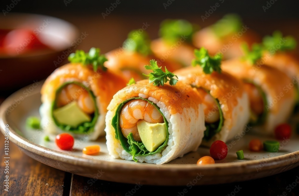 Delicious sushi rolls with fresh ingredients presented on a wooden plate Delicious sushi rolls with fresh ingredients presented on a wooden plate