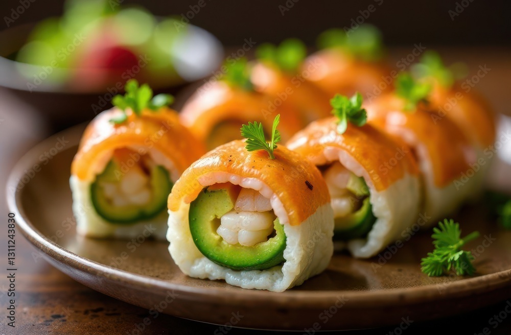 Delicious sushi rolls on a wooden plate with fresh ingredients and garnishes Delicious sushi rolls on a wooden plate with fresh ingredients and garnishes