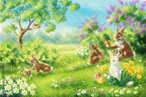 Spring Easter Bunnies in a Blooming Meadow – Hand-Painted Illustration