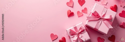 Delicate pink gift boxes & hearts, Valentine's Day Flat lay, copy space, romantic background , bow, pink
