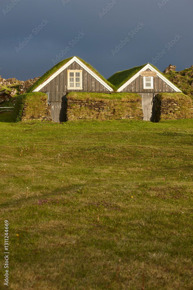 Traditional icelandic grass roof houses in Snaefellnes Peninsula. Iceland