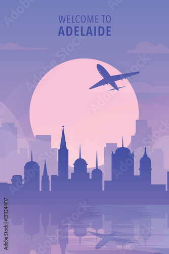 Welcome to Adelaide, Australia. Gradient city poster, card with shapes of skyline, waterfront and airplane. Cool travel vector illustration, print, graphic