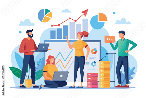 A group of analysts collaborates, discussing growth trends on charts and using laptops for data analysis, people who analyse growth charts
