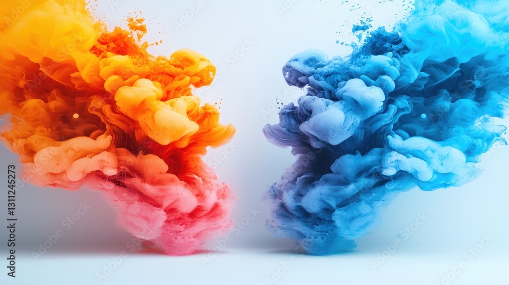 Fototapeta premium A visually striking image of vibrant orange and blue smoke swirls blending dynamically against a white background, evoking energy and creativity.