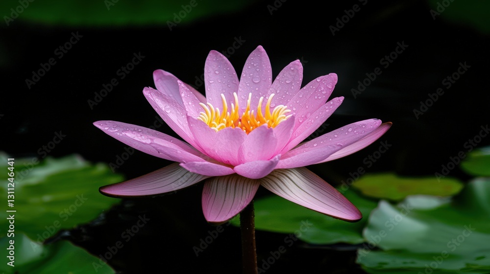 Pink water lily flower with water droplets on petals, blooming in dark green pond. Pink water lily flower with water droplets on petals, blooming in dark green pond.