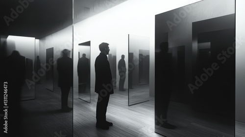 Like-minded people in a room, surrounded by mirrors on the walls reflecting their own thoughts, while outside, different voices seem blurred and distant. 