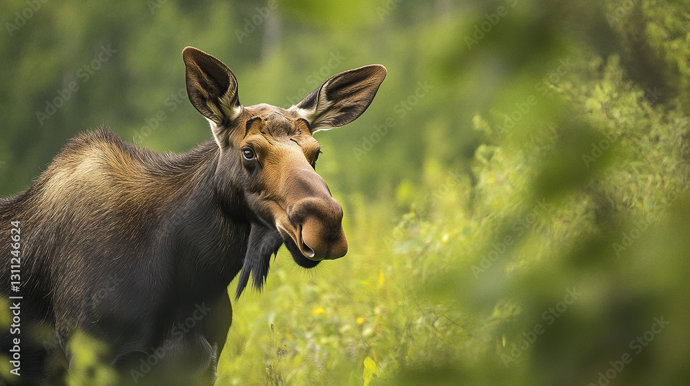 Moose gazing into distance in lush green forest setting Moose gazing into distance in lush green forest setting