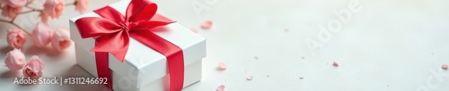 Elegant white gift box, tied with a vibrant red bow , anniversary, studio, item