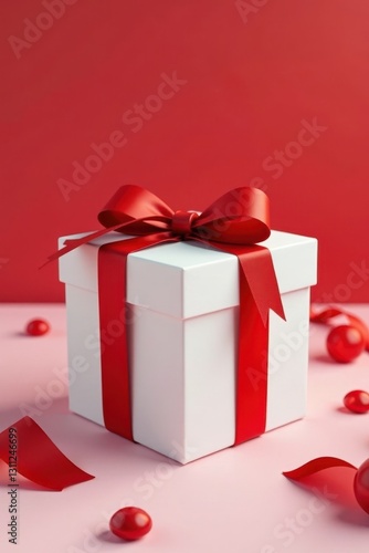 Crisp white gift box, adorned with a classic red bow , rectangle, red bow, bow tie