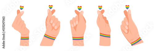Set of Hands with Rainbow Heart LGBT, Heart Finger Symbol, Popular Korean Heart Shaped Gesture to Express Love and Affection. Human Rights Movement, Isolated. Vector