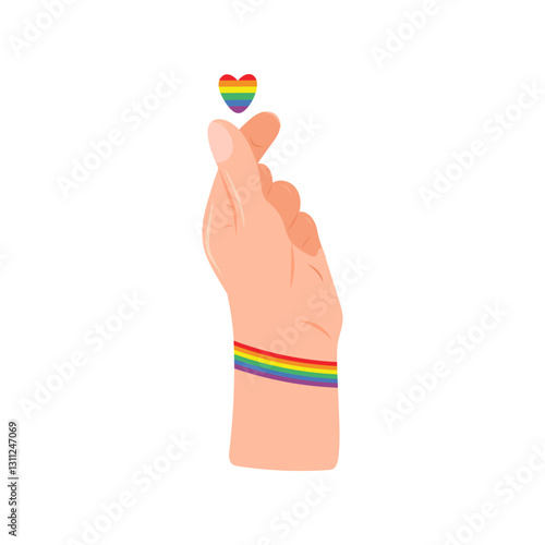 Hand with rainbow heart LGBT, Heart finger symbol, popular Korean heart shaped gesture to express love and affection. Human rights movement, Isolated. Vector