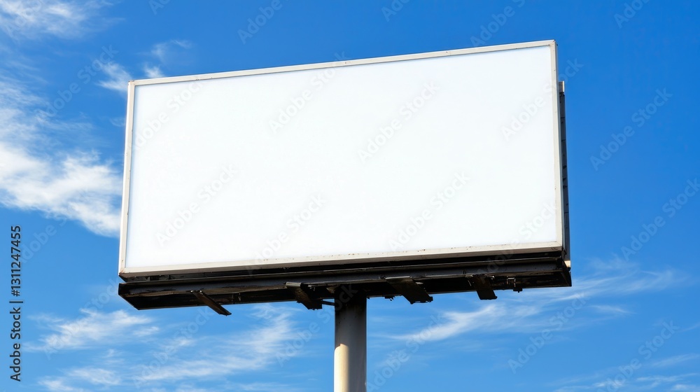 Blank outdoor billboard against a bright blue sky, perfect for advertising or marketing. Empty advertisement display for promotional and commercial messaging Blank outdoor billboard against a bright blue sky, perfect for advertising or marketing. Empty advertisement display for promotional and commercial messaging