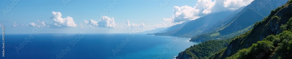Majestic peaks descending to a tranquil ocean , mountain, horizon Majestic peaks descending to a tranquil ocean , mountain, horizon