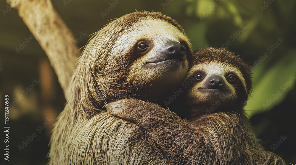 Fototapeta premium Mother and baby sloth gazing into distance lovingly