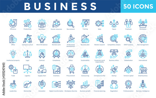 Business icon set with efficiency, productivity, workforce, human resources, recruitment, training, skills, talent, employee, workplace icon. Simple outline color vector 
