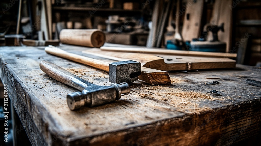 Carpenter's workshop tools on workbench, wood project Carpenter's workshop tools on workbench, wood project