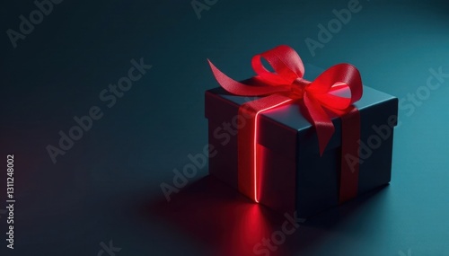 Sleek black gift box with striking red neon ribbon detail , ribbon, surface