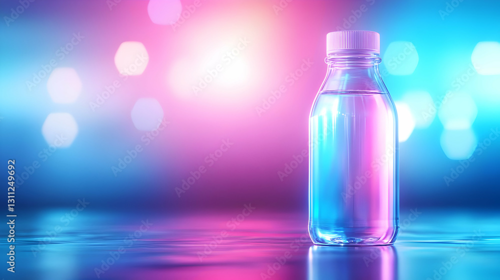 A stylishly illuminated bottle of water against a vibrant, colorful backdrop, showcasing modern aesthetics and refreshing hydration. A stylishly illuminated bottle of water against a vibrant, colorful backdrop, showcasing modern aesthetics and refreshing hydration.