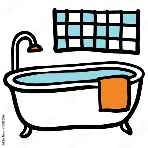 Cartoon bathtub with faucet, towel, and tiled background