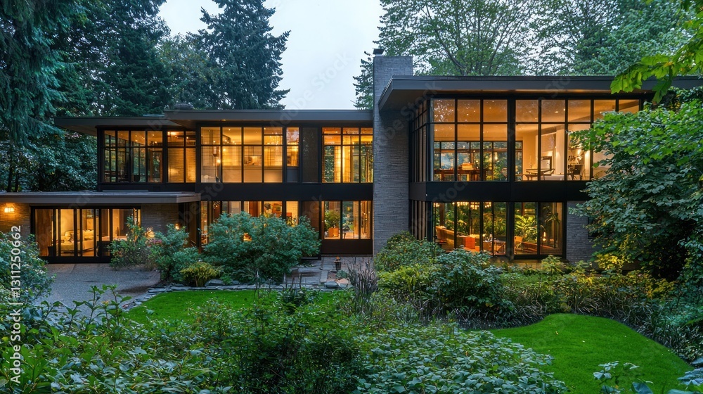 Modern house with large windows, illuminated at dusk, nestled in lush greenery. Modern house with large windows, illuminated at dusk, nestled in lush greenery.