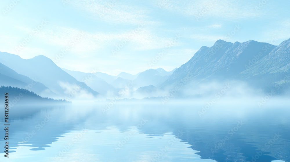 Serene mountain landscape with misty lake and blue sky reflections Serene mountain landscape with misty lake and blue sky reflections