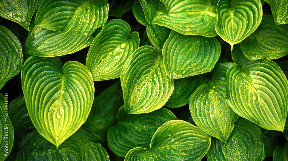 Obraz premium Vibrant green leaves with dew droplets in a lush garden setting