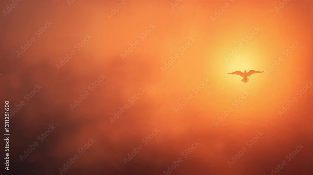 Fototapeta premium Divine ascension background: bird soars towards heaven in golden light.
