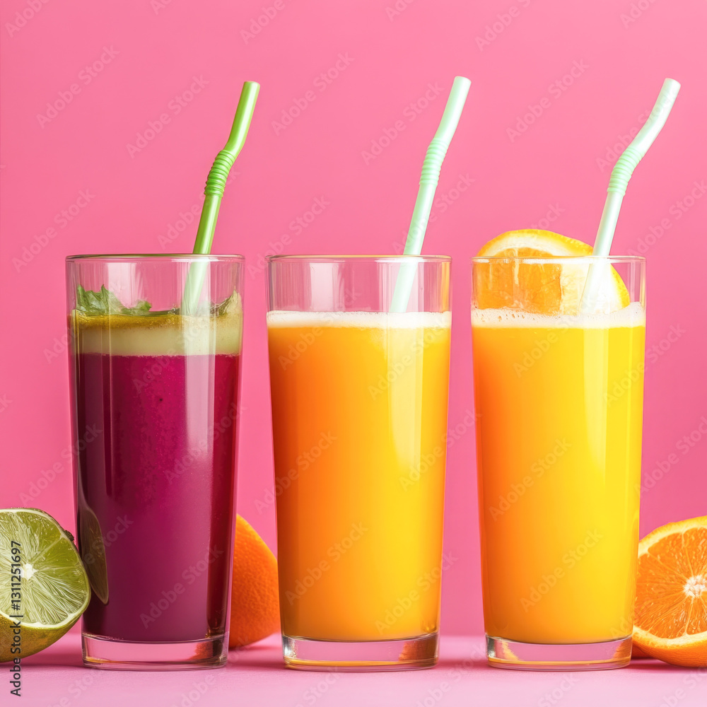Variety of fresh juices in glasses with colorful straws on pink background Variety of fresh juices in glasses with colorful straws on pink background