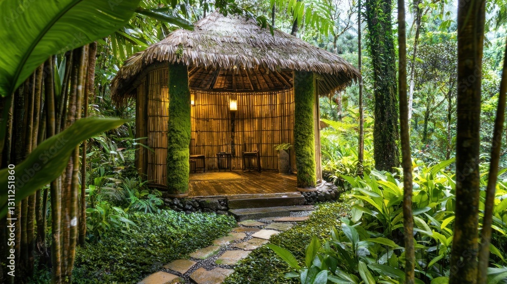 Bamboo hut nestled in lush tropical rainforest. Bamboo hut nestled in lush tropical rainforest.