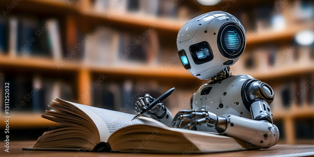 Fototapeta premium robot writing in book for large language model and artificial intelligence chatbot concept