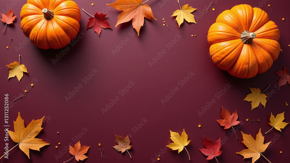 flat lay pumpkin autumn leaves dark maroon background festive fall photo shoot plenty negative space flat lay pumpkin autumn leaves dark maroon background festive fall photo shoot plenty negative space