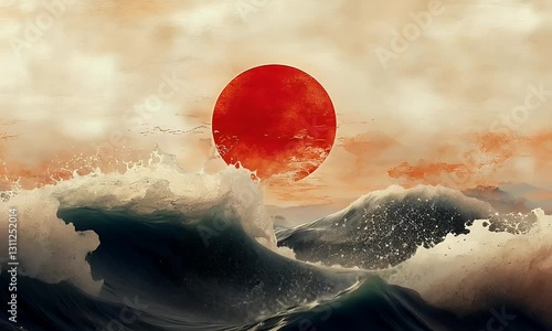 Red sun sets over dark ocean waves in artistic watercolor painting style.