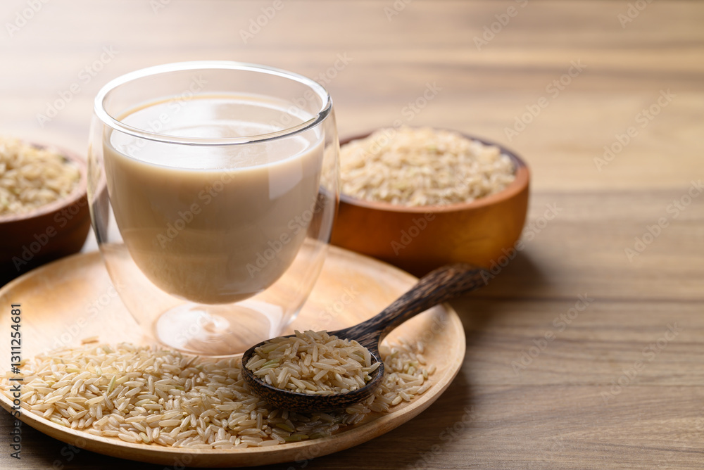 Organic rice milk in cup glass on wooden background, Alternative milk made from plant Organic rice milk in cup glass on wooden background, Alternative milk made from plant