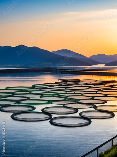 Salmon farm with round nets for growing fish at sunset