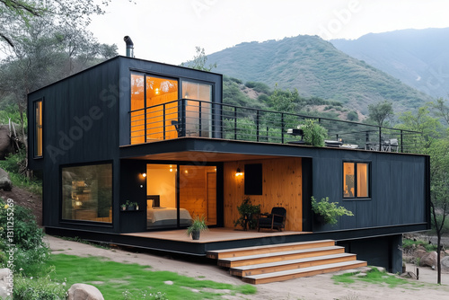 Contemporary two story container dwelling glowing at dusk, highlighting green architecture with mountain panorama from sleek rooftop deck