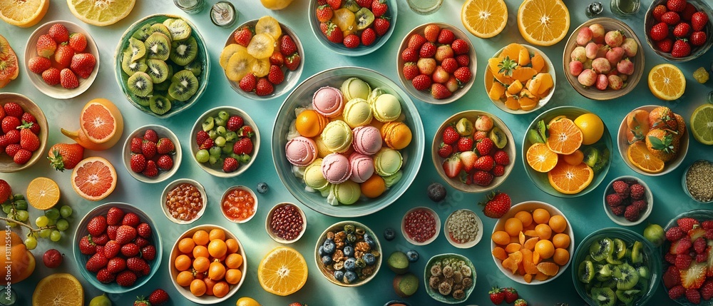 Colorful fruit & ice cream flatlay, teal background, summer food Colorful fruit & ice cream flatlay, teal background, summer food