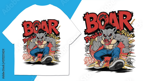Boar Power T-Shirt – Streetwear Graffiti Style, Muscular Wild Boar, Urban Punk Fashion, Rebel Character Design, Fierce Animal Strength, Bold Graphic Tee, Edgy Attitude Apparel