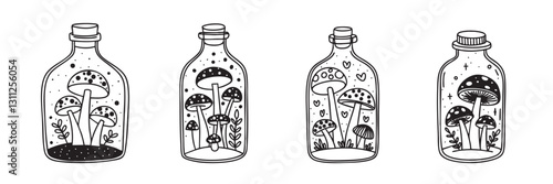 Collection of mushrooms in bottle in doodle style. Hand drawn vector art.