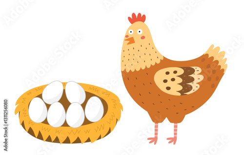 
Cute hen and eggs in the nest isolated on white background. Poultry breeding clipart in cartoon style. Great for farm and agriculture design. Vector illustration