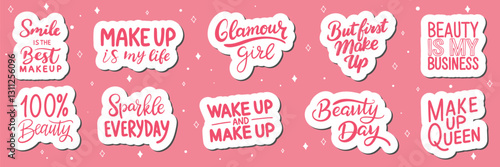 Big collection of Fashion make up stickers with text lettering. Hand drawn vector art.
