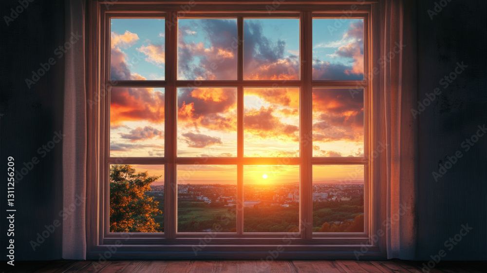 Fototapeta premium Sunset through window view nature landscape scene scenery wallpaper backdrop background