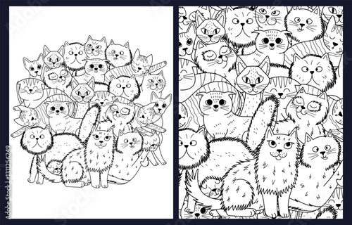 Coloring pages set with adorable cats of different breeds. Doodle feline characters maine coon, scottish fold, sphinx templates collection for coloring book. Vector illustration