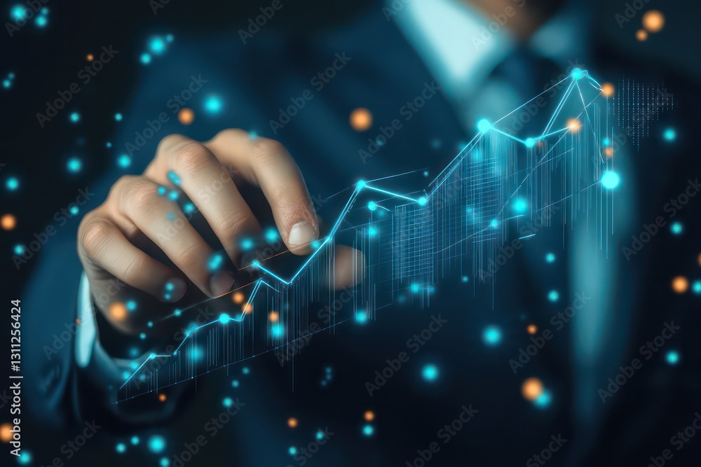 A modern corporate concept image showing a businessman pressing an interactive business growth chart. A modern corporate concept image showing a businessman pressing an interactive business growth chart.