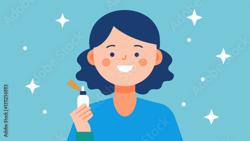 User Experience A cheerful person applying a serum with visible sparkles around their face suggesting a transformative and pleasant experience with the product.