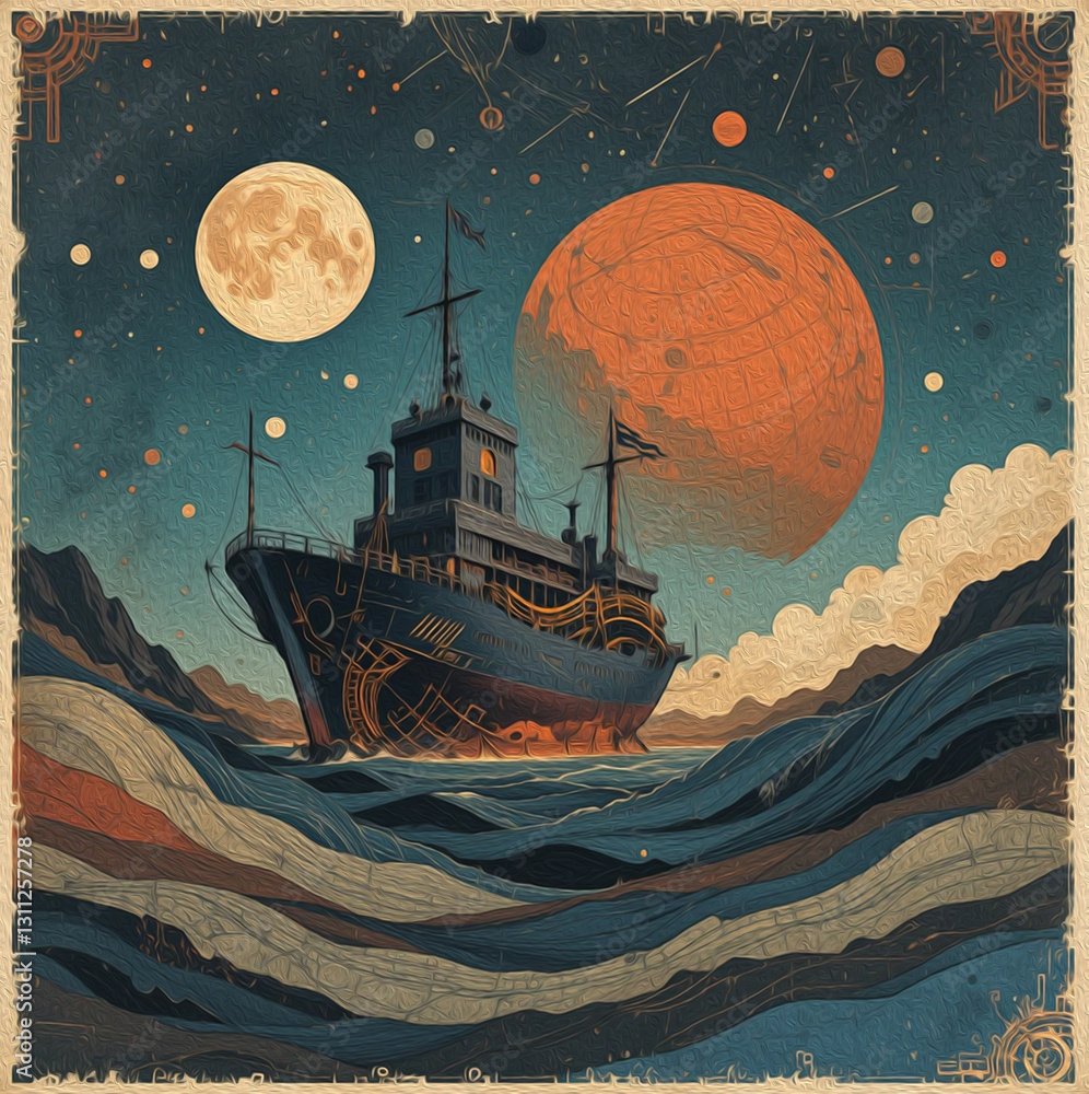 Fototapeta premium Oil painting. Ship at Sea. Pattern for printing on wall decorations, fabrics, and for use in graphics.