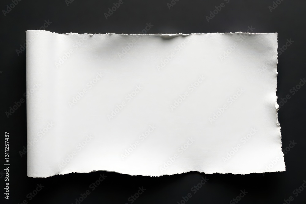 Obraz premium Torn white paper fragment on black background, tear, crisp, isolated