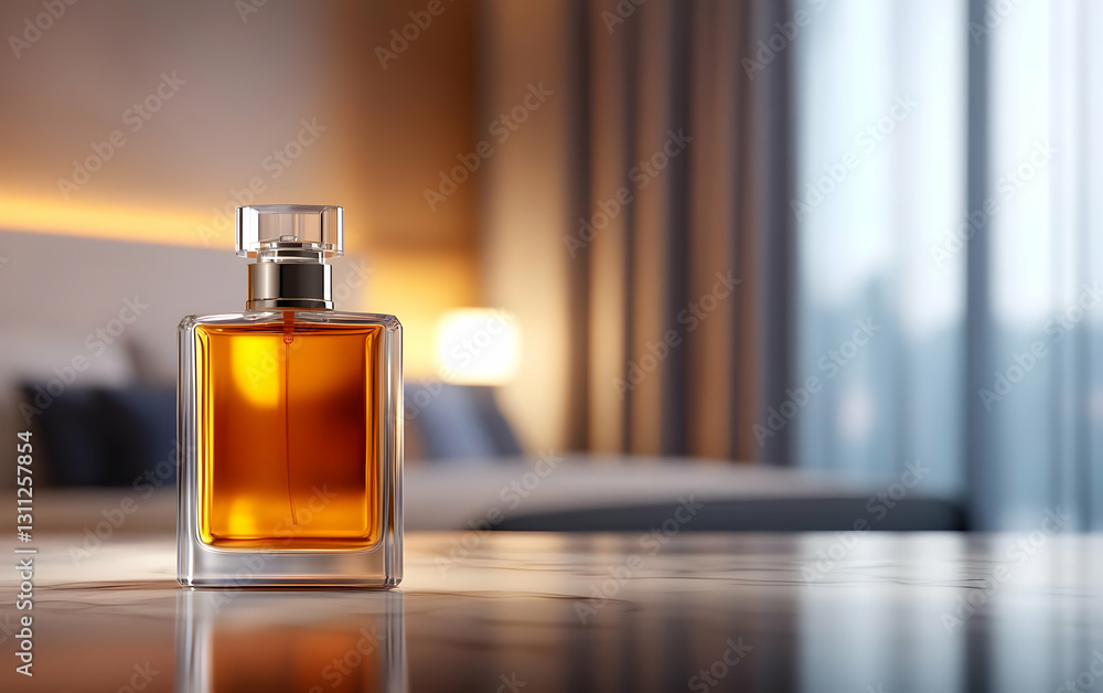 Elegant perfume bottle on a wooden table, capturing luxury and sophistication in a cozy room setting with soft light. Elegant perfume bottle on a wooden table, capturing luxury and sophistication in a cozy room setting with soft light.