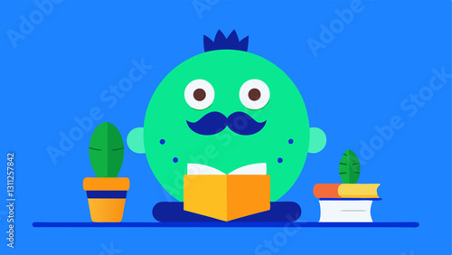 Whimsical Cactus This illustration showcases a round chubby cactus sporting a large exaggerated mustache that flares out adorably. Nestled in a bright blue pot it is framed by