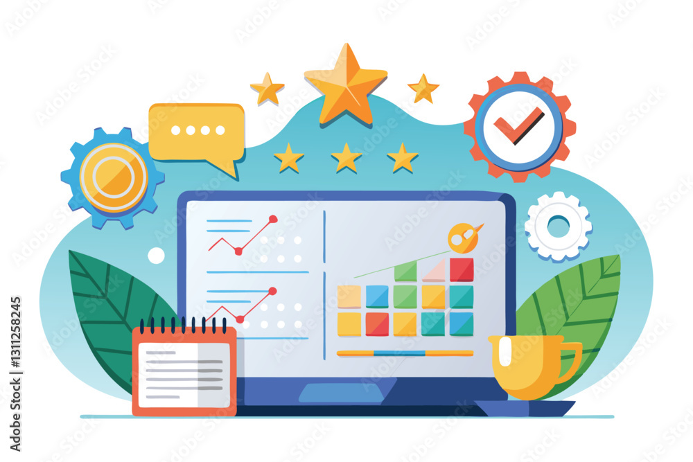 Naklejka premium A digital workspace showcases performance ratings with colorful graphs, gears, and feedback elements, Performance rating concept,
