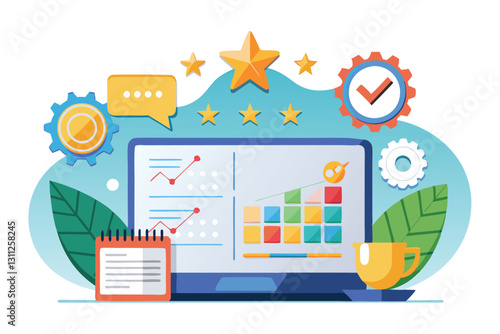 A digital workspace showcases performance ratings with colorful graphs, gears, and feedback elements, Performance rating concept,